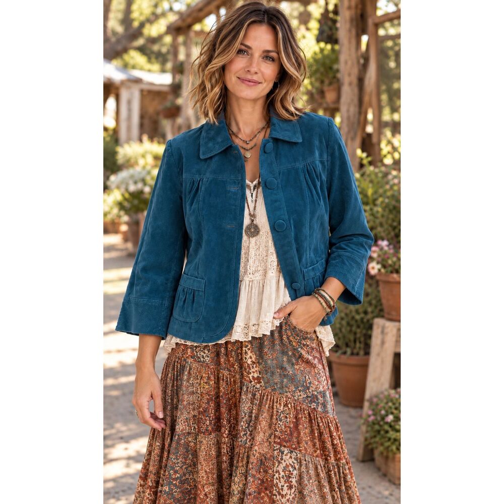 Chico's Suede Leather Jacket Teal Blue New W/Tags Size 1 Medium Cottagecore Boho